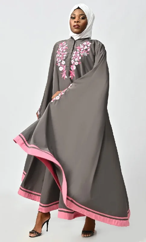 Saara Islamic Embroidered Detailing Flared Kaftan Abaya