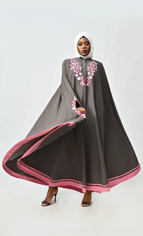 Saara Islamic Embroidered Detailing Flared Kaftan Abaya