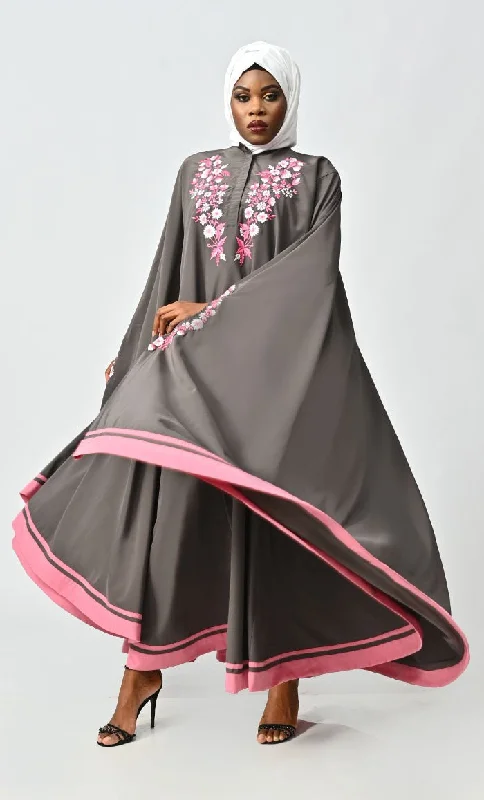 Saara Islamic Embroidered Detailing Flared Kaftan Abaya