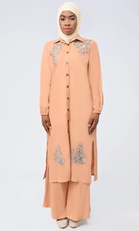 Sand Modest Islamic Button Down Flared Set With Hijab And Pockets