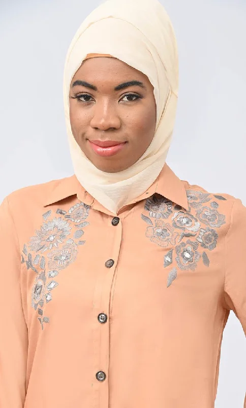 Sand Modest Islamic Button Down Flared Set With Hijab And Pockets