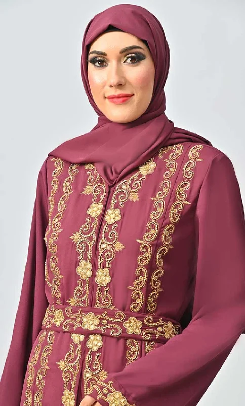 Saudi Moroccan Style Abaya With Heavy Hand Work And Machine Thread Work Embroidery