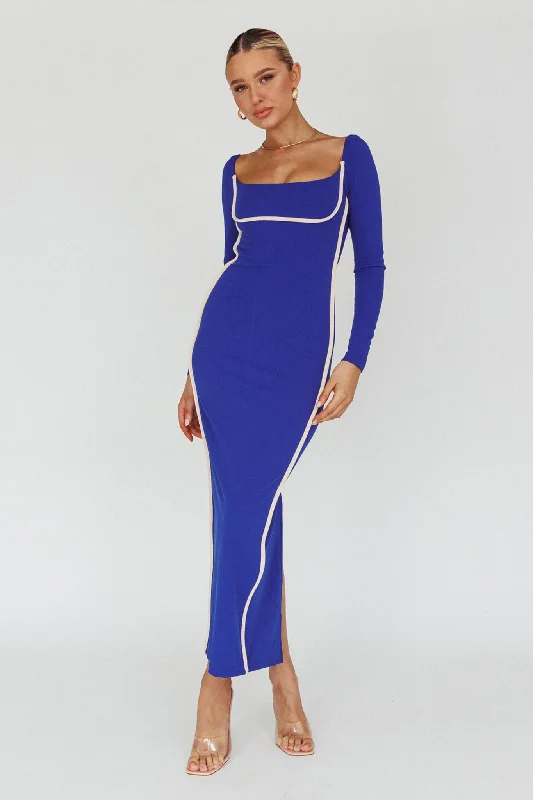 Sunny Coast Long Sleeve Piping Maxi Dress Blue