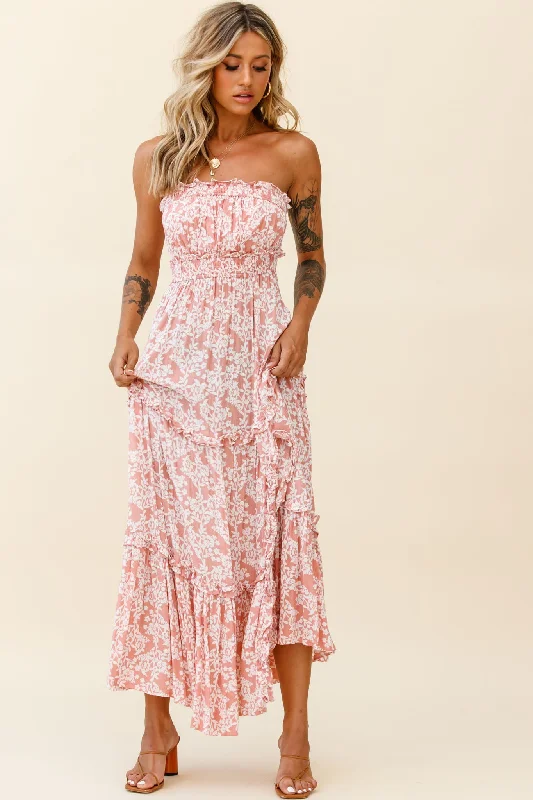 Take Me Away Strapless Maxi Dress Floral Print Blush