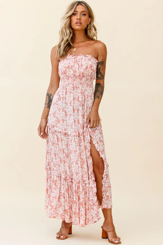 Take Me Away Strapless Maxi Dress Floral Print Blush