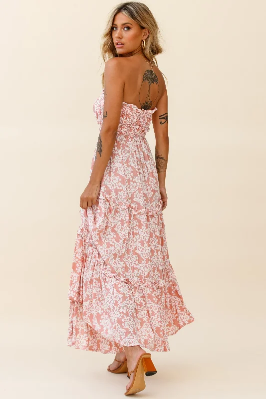 Take Me Away Strapless Maxi Dress Floral Print Blush