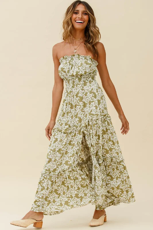 Take Me Away Strapless Maxi Dress Floral Print Green