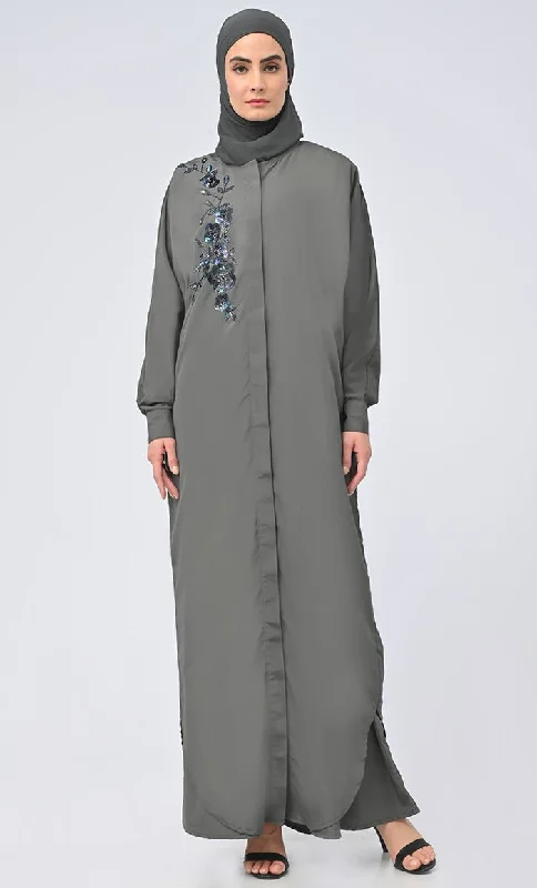 Women Modest Islamic Umbrella Cut Kashibo Hidden Button Down Abaya