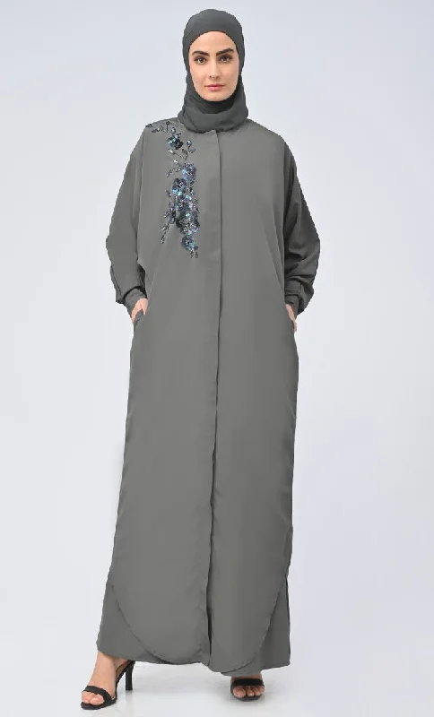 Women Modest Islamic Umbrella Cut Kashibo Hidden Button Down Abaya