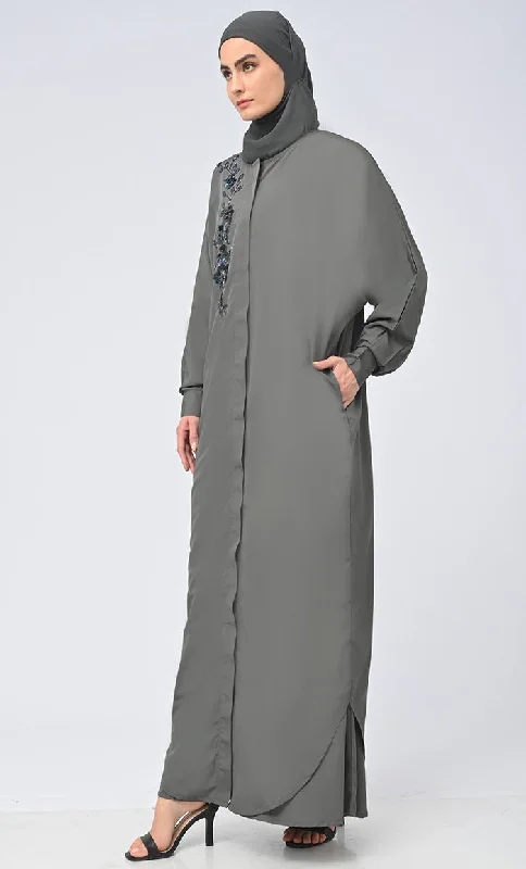 Women Modest Islamic Umbrella Cut Kashibo Hidden Button Down Abaya