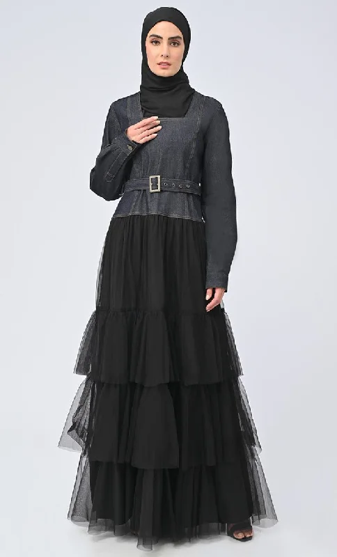 Women's Graceful Denim Flared Abaya With Net Detailing On Bottom