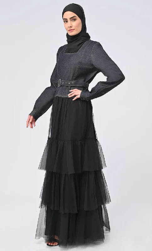 Women's Graceful Denim Flared Abaya With Net Detailing On Bottom