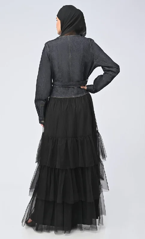 Women's Graceful Denim Flared Abaya With Net Detailing On Bottom