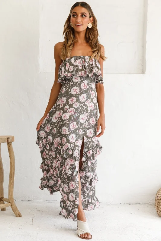 Zulu Frill Bust Front Split Maxi Dress Floral Print Olive