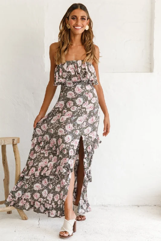 Zulu Frill Bust Front Split Maxi Dress Floral Print Olive