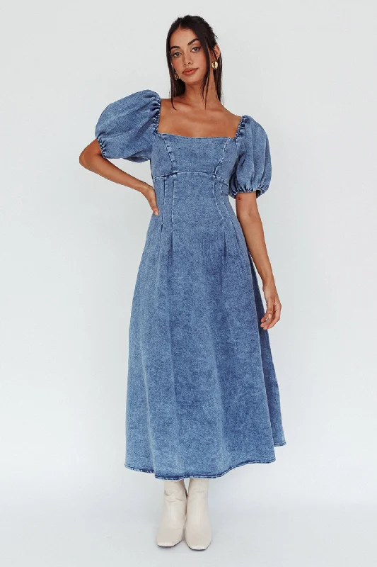 Zurich Puff Sleeve Midi Dress Blue