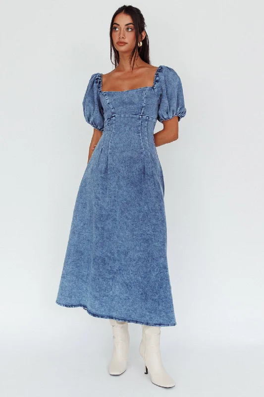 Zurich Puff Sleeve Midi Dress Blue