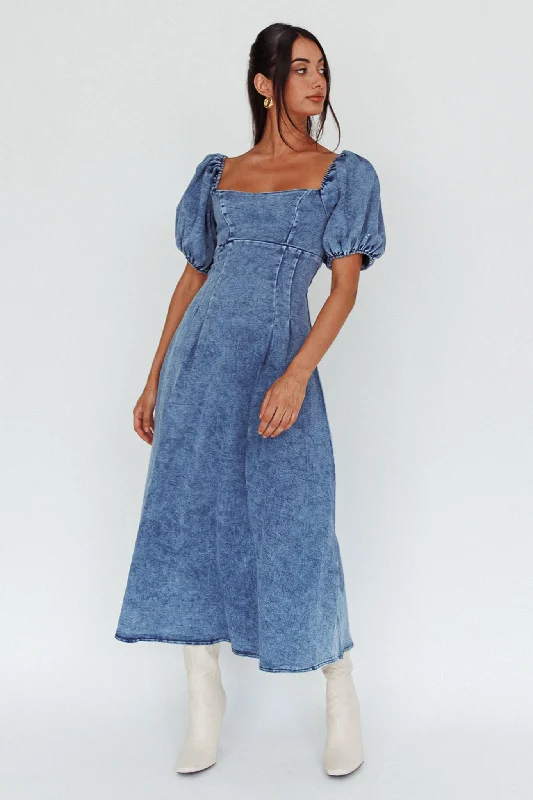 Zurich Puff Sleeve Midi Dress Blue