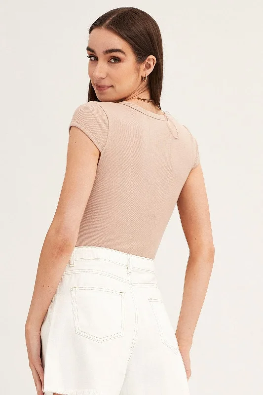 Beige Bodysuit Snap Button Short Sleeve Rib