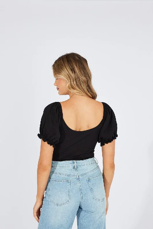 Black Bodysuit Short Sleeve Sweetheart Neckline Jersey