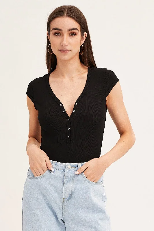 Black Bodysuit Snap Button Short Sleeve Rib