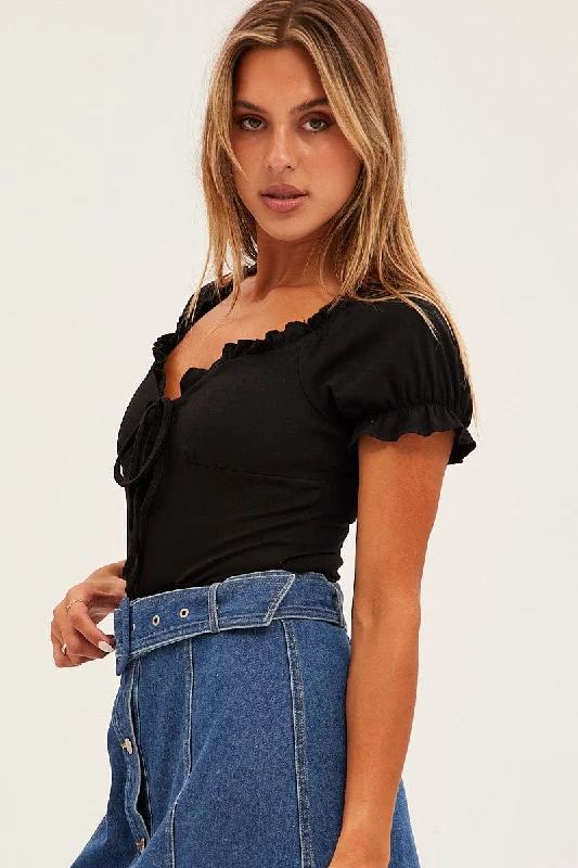 Black Off Shoulder Ribbed Bodysuit