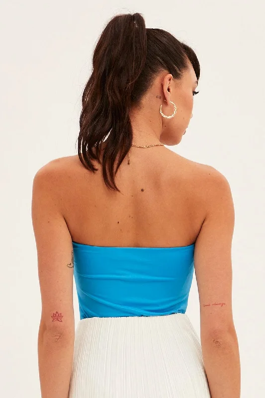 Blue Bodysuit Strapless Sweetheart Neckline Front Knot