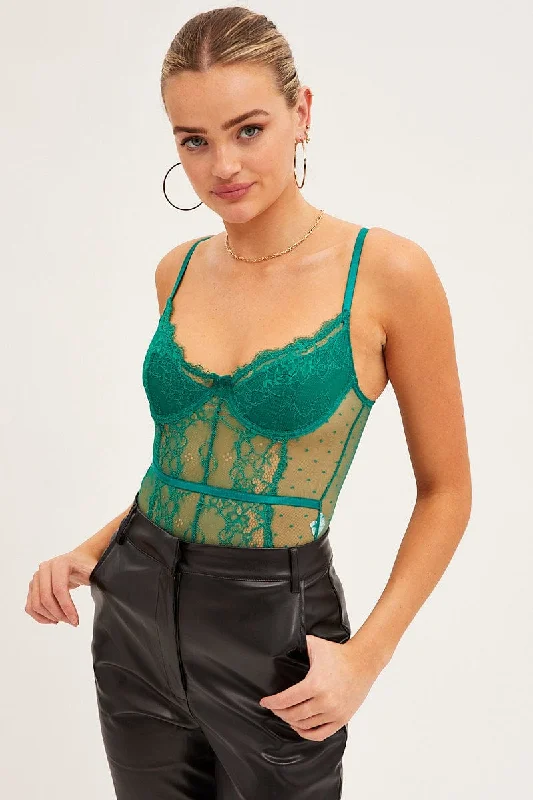 Green Bodysuit Sleeveless Sweetheart Lace Jersey