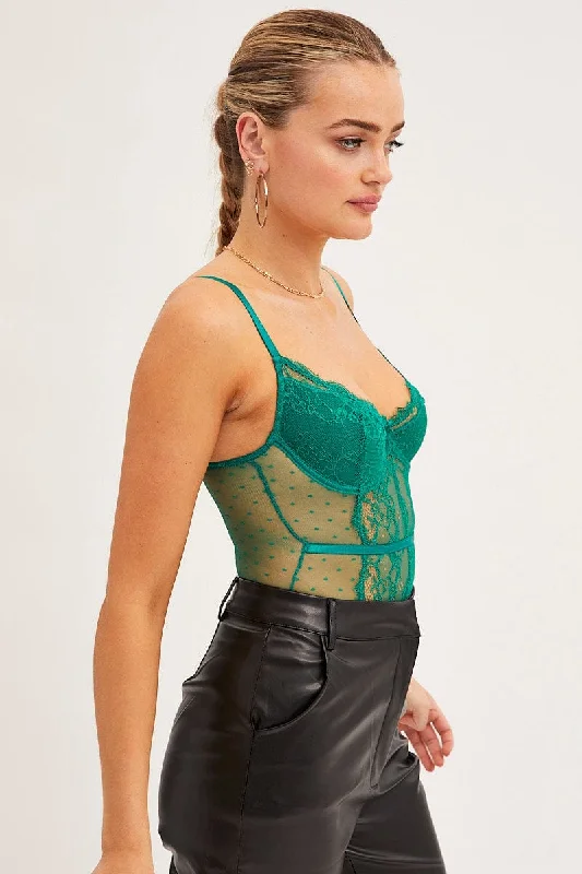 Green Bodysuit Sleeveless Sweetheart Lace Jersey