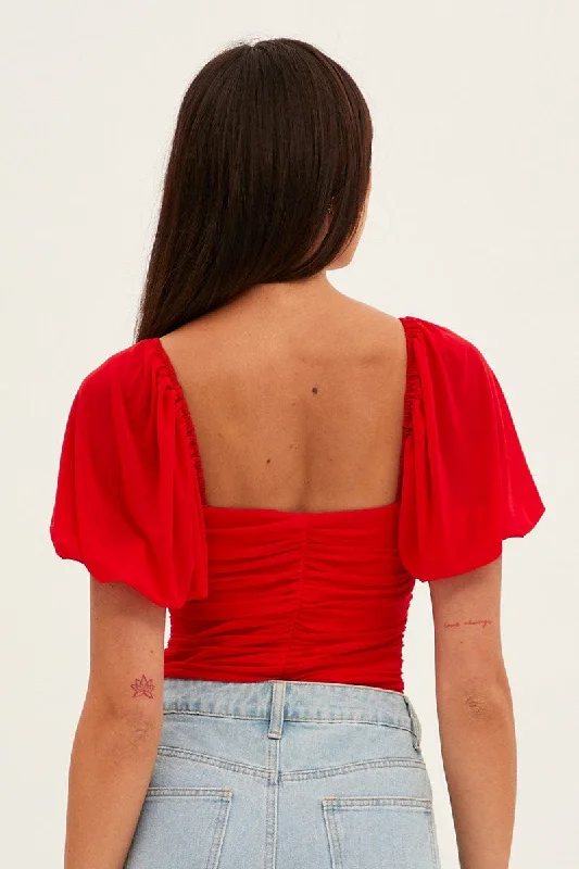 Red Bodysuit Short Sleeve V Notched Front Mesh Jersey