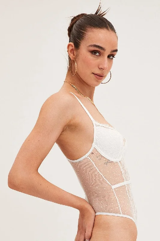 White Bodysuit Sleeveless Sweetheart Lace Jersey