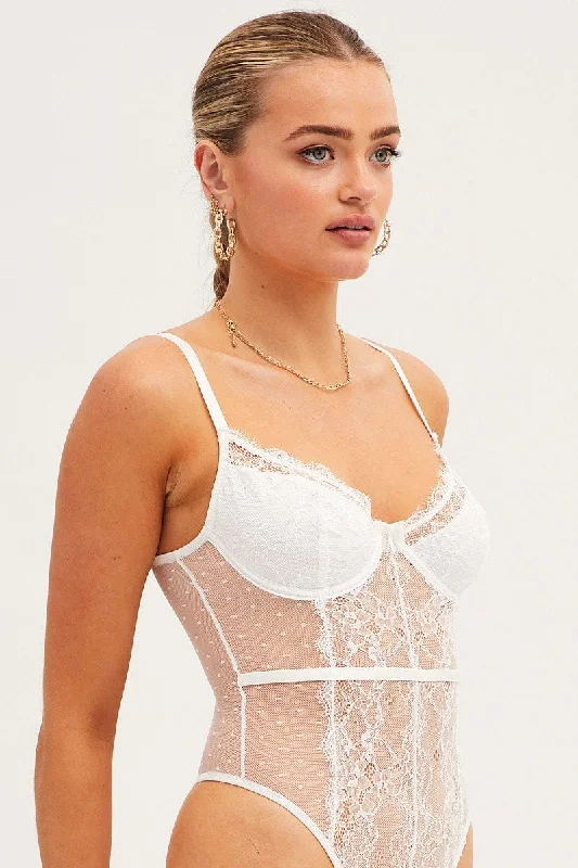 White Bodysuit Sleeveless Sweetheart Lace Jersey