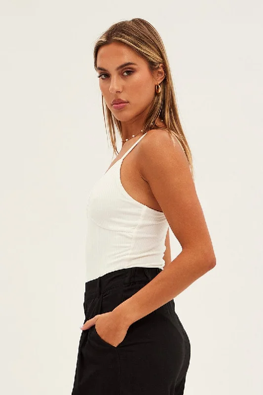 White Rib Bodysuit Keyhole Detail