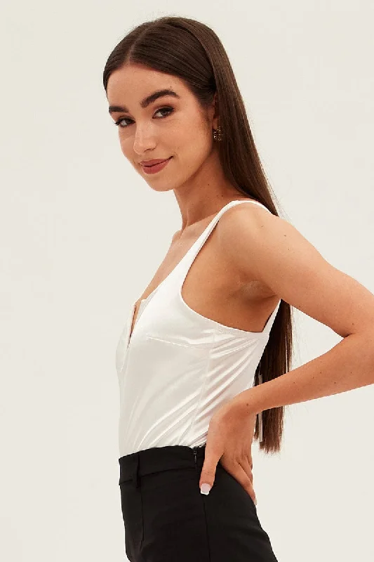 White V Front Bodysuit Sleeveless Notched Neck Satin