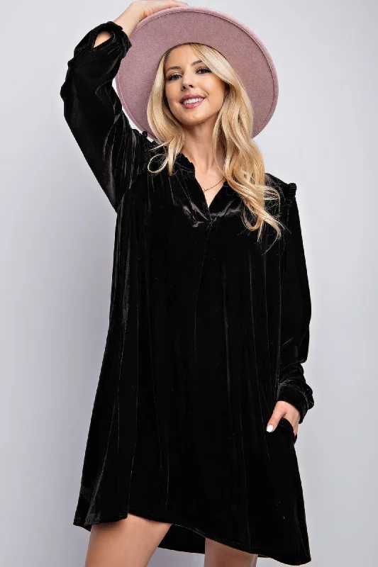 Mini Ruffle Detailing Velvet Dress Comfortable Zip-Up Mini Dress